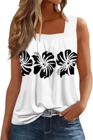 Summer Tank Tops for Women Casual Sleeveless Top Floral Print Pleated Square Neck Curved Hem Flowy Tanks