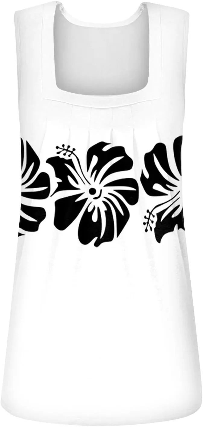 Summer Tank Tops for Women Casual Sleeveless Top Floral Print Pleated Square Neck Curved Hem Flowy Tanks