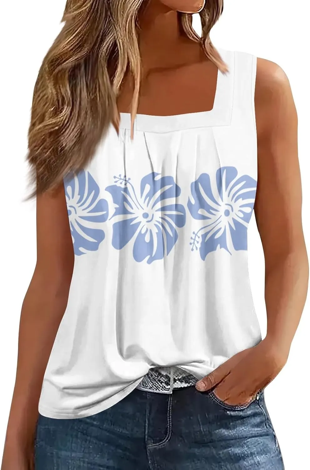 Summer Tank Tops for Women Casual Sleeveless Top Floral Print Pleated Square Neck Curved Hem Flowy Tanks