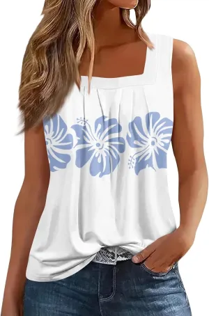 Summer Tank Tops for Women Casual Sleeveless Top Floral Print Pleated Square Neck Curved Hem Flowy Tanks