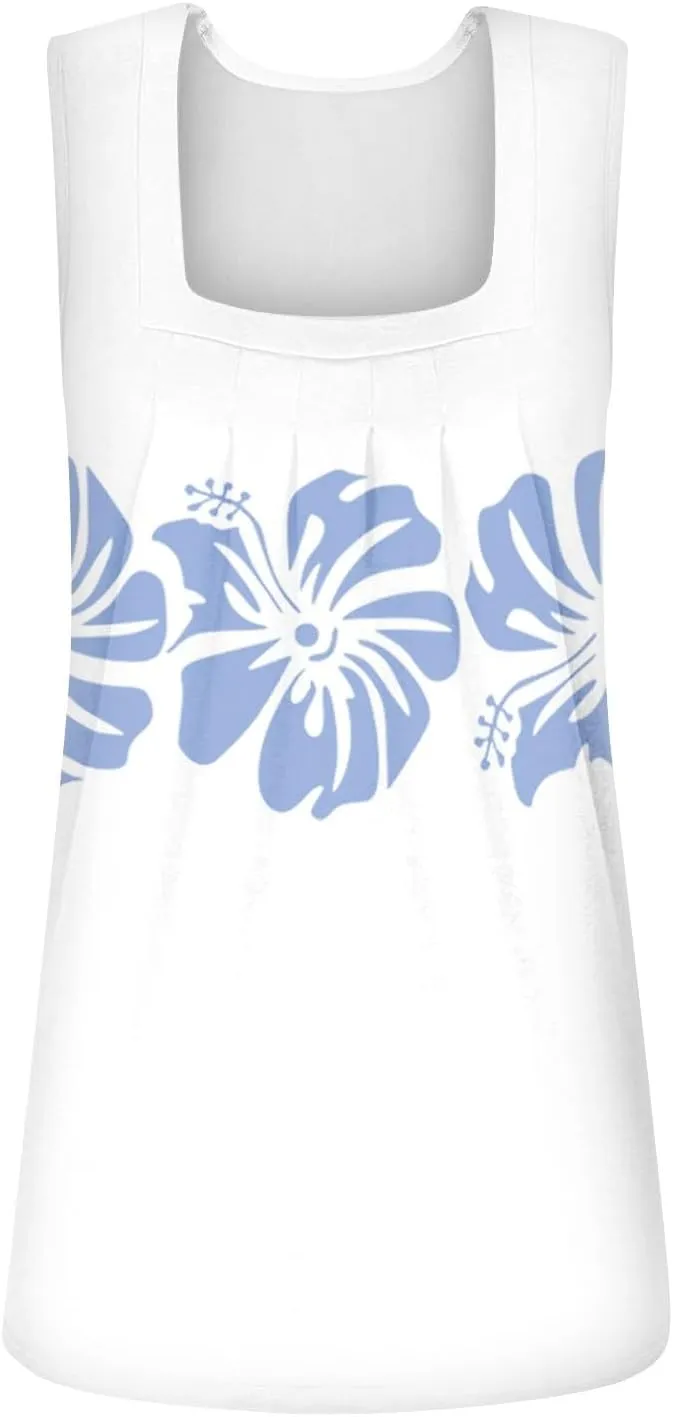 Summer Tank Tops for Women Casual Sleeveless Top Floral Print Pleated Square Neck Curved Hem Flowy Tanks