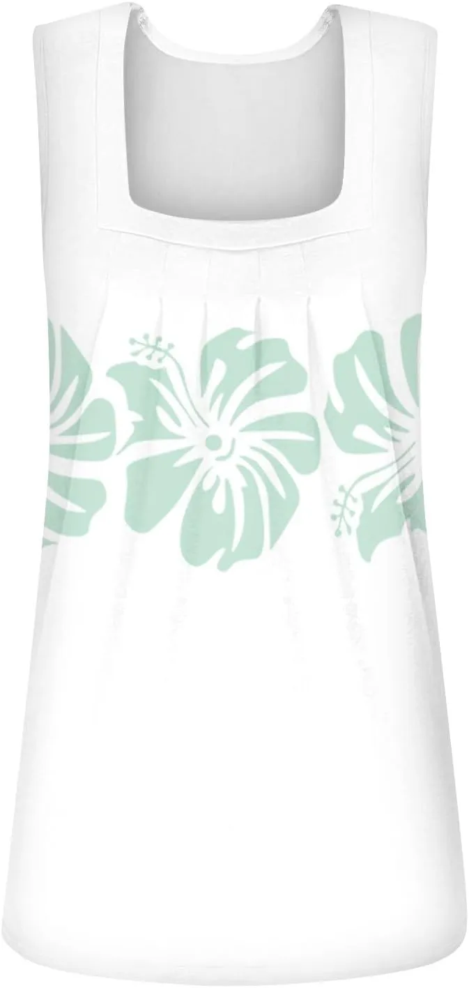 Summer Tank Tops for Women Casual Sleeveless Top Floral Print Pleated Square Neck Curved Hem Flowy Tanks