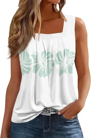 Summer Tank Tops for Women Casual Sleeveless Top Floral Print Pleated Square Neck Curved Hem Flowy Tanks