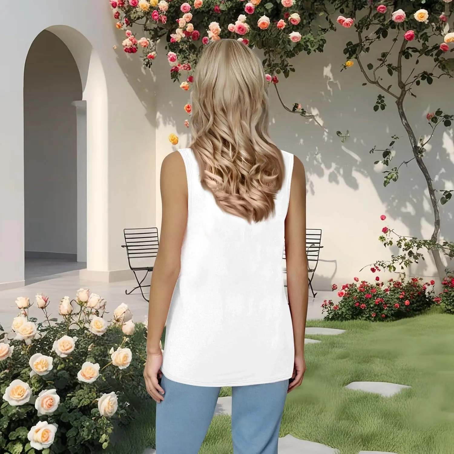 Summer Tank Tops for Women Casual Sleeveless Top Floral Print Pleated Square Neck Curved Hem Flowy Tanks