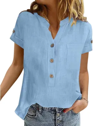 Summer Tops for Women Casual Button Down Linen Tops Fashion V Neck Short Sleeve Shirts Loose Fit Office Work Tees Shirt