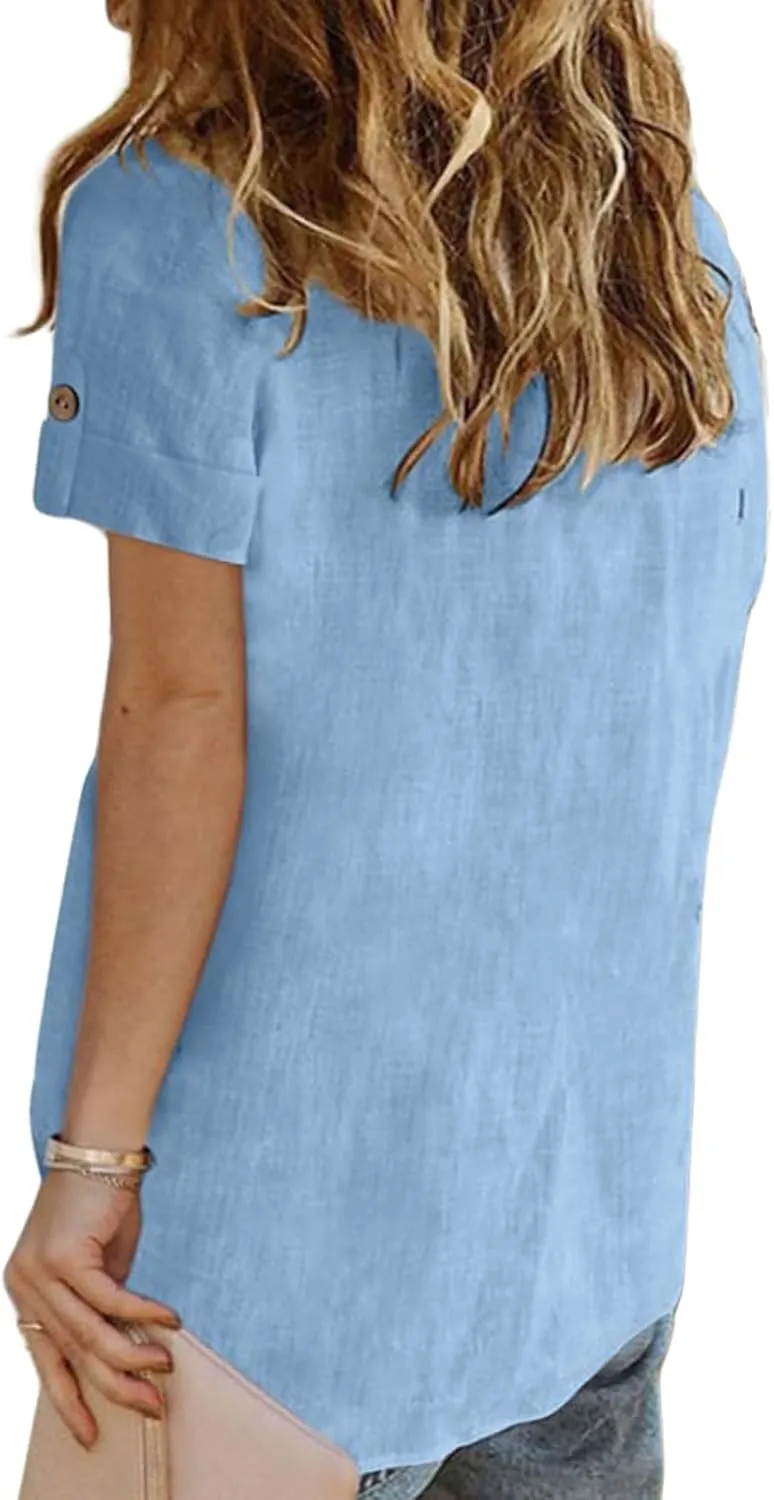 Summer Tops for Women Casual Button Down Linen Tops Fashion V Neck Short Sleeve Shirts Loose Fit Office Work Tees Shirt