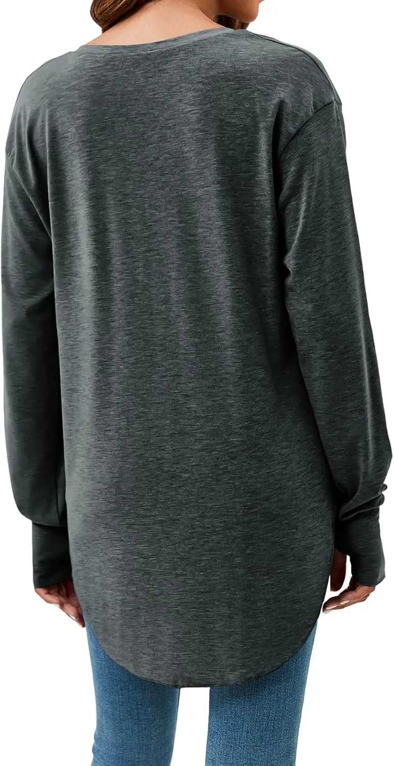 Tankaneo Womens Deep V Neck Tunic Tops Long Sleeve Oversized Casual Loose Fit Curved Hem T Shirts