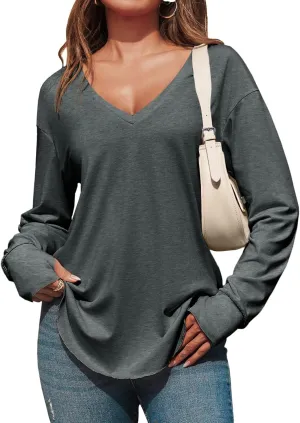 Tankaneo Womens Deep V Neck Tunic Tops Long Sleeve Oversized Casual Loose Fit Curved Hem T Shirts