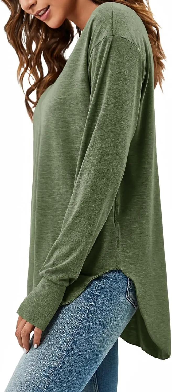 Tankaneo Womens Deep V Neck Tunic Tops Long Sleeve Oversized Casual Loose Fit Curved Hem T Shirts