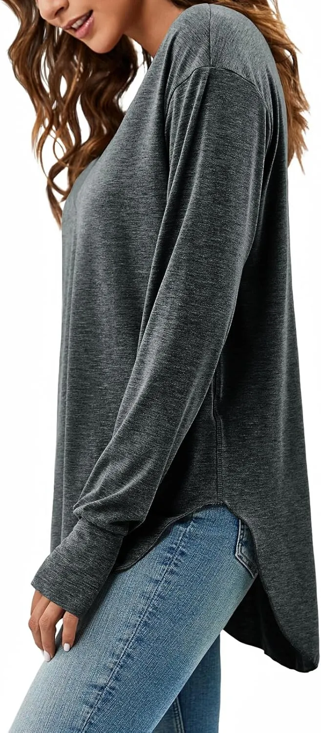 Tankaneo Womens Deep V Neck Tunic Tops Long Sleeve Oversized Casual Loose Fit Curved Hem T Shirts