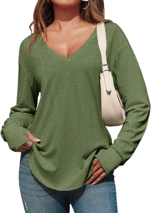 Tankaneo Womens Deep V Neck Tunic Tops Long Sleeve Oversized Casual Loose Fit Curved Hem T Shirts