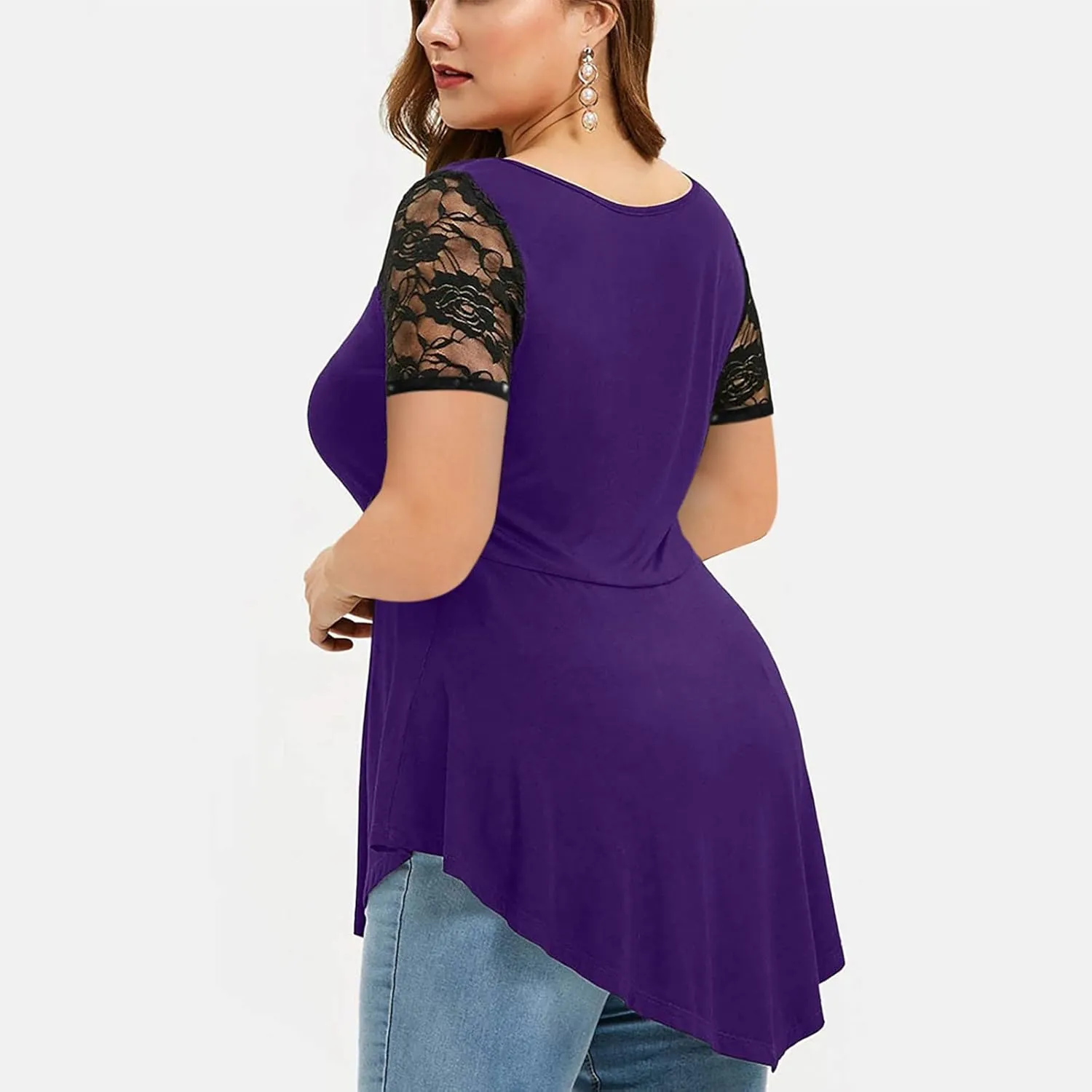 Tee Shirts for Women Summer Fall Short Sleeve Crewneck Lace Floral Loose Fit Plus Size Basic Tops Shirts Women 2025