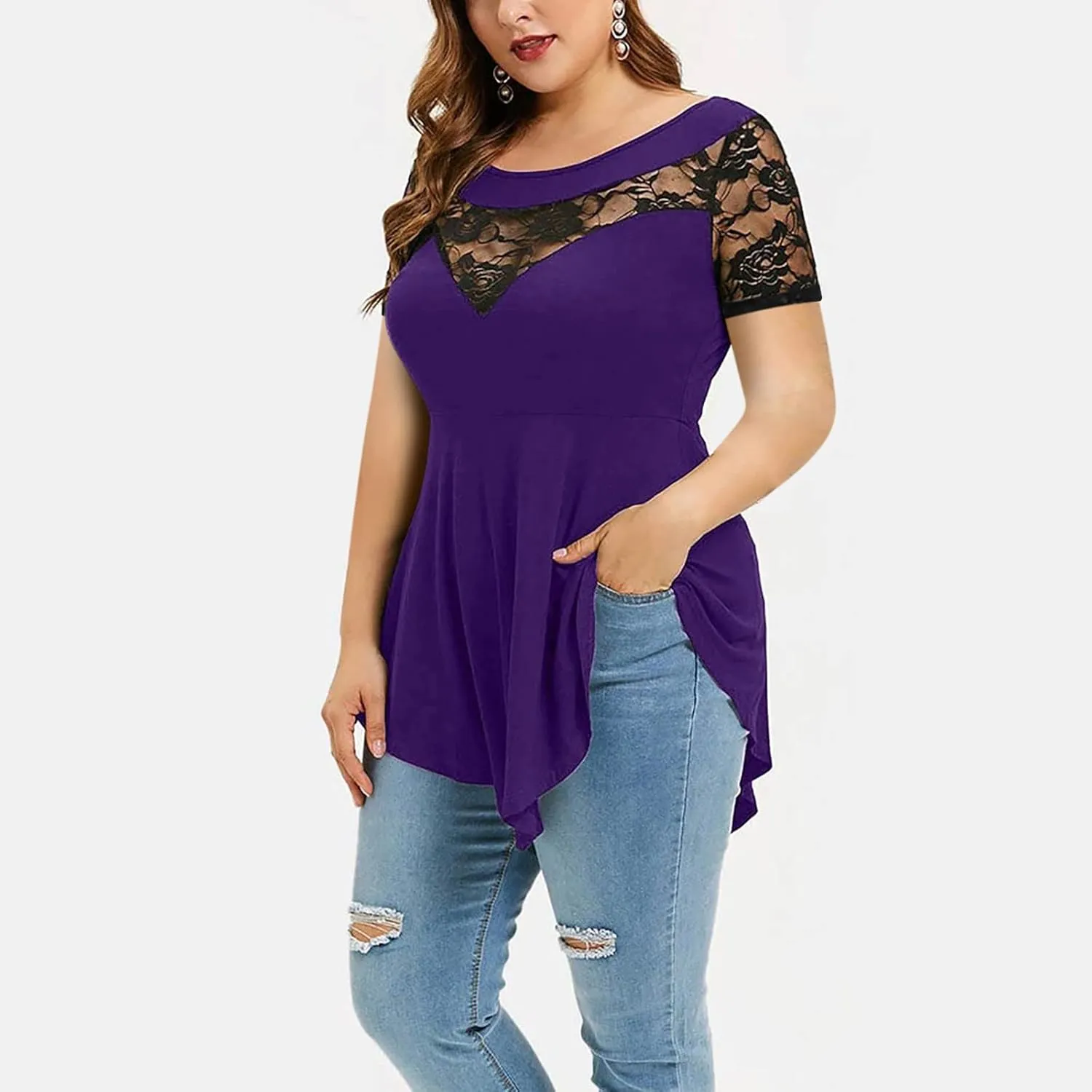 Tee Shirts for Women Summer Fall Short Sleeve Crewneck Lace Floral Loose Fit Plus Size Basic Tops Shirts Women 2025
