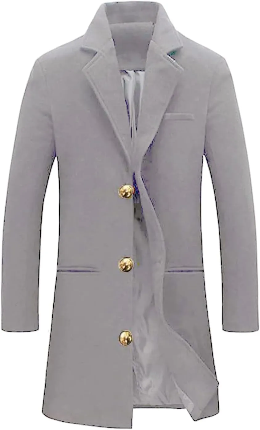Thatrich Trenchcoat for Men Long Business Jacket Wool Blend Peacoat Office Work Coat Warm Formal Jacket Classic Fit Overcoats