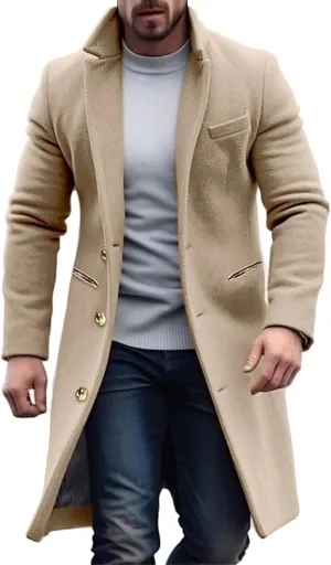 Thatrich Trenchcoat for Men Long Business Jacket Wool Blend Peacoat Office Work Coat Warm Formal Jacket Classic Fit Overcoats