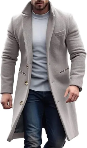 Thatrich Trenchcoat for Men Long Business Jacket Wool Blend Peacoat Office Work Coat Warm Formal Jacket Classic Fit Overcoats