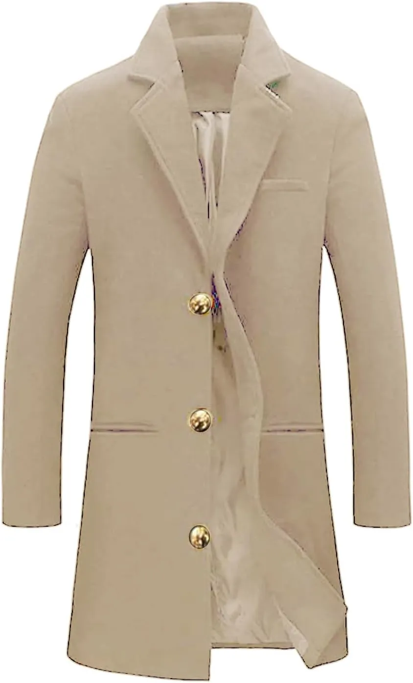 Thatrich Trenchcoat for Men Long Business Jacket Wool Blend Peacoat Office Work Coat Warm Formal Jacket Classic Fit Overcoats