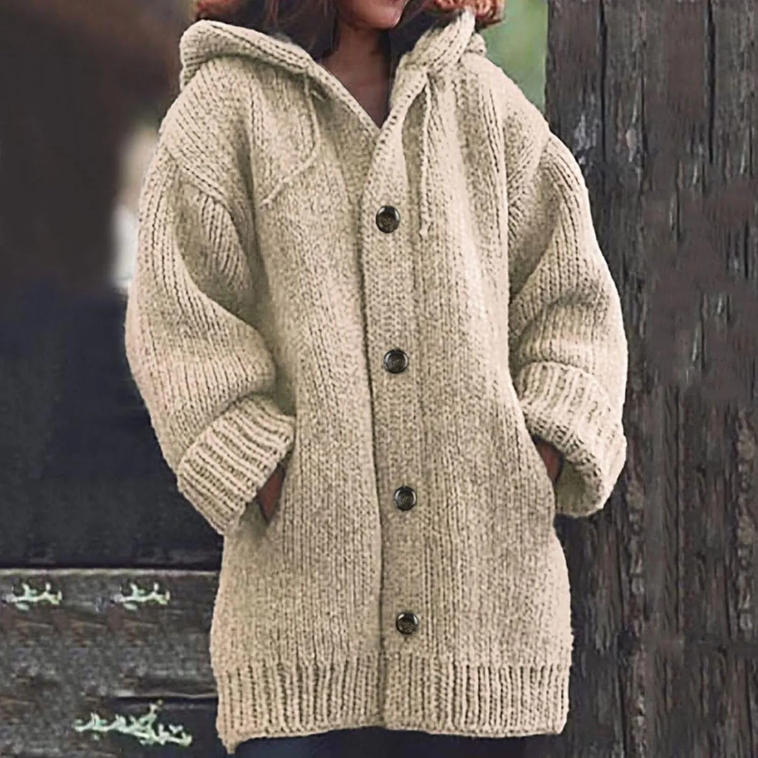 Thick Sweaters Cardigan for Women Plus Size Knitted Hooded Coat Long Sleeve Button Down Warm Jacket Hoodies with Pocket