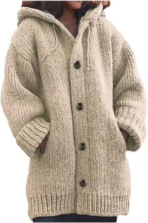 Thick Sweaters Cardigan for Women Plus Size Knitted Hooded Coat Long Sleeve Button Down Warm Jacket Hoodies with Pocket
