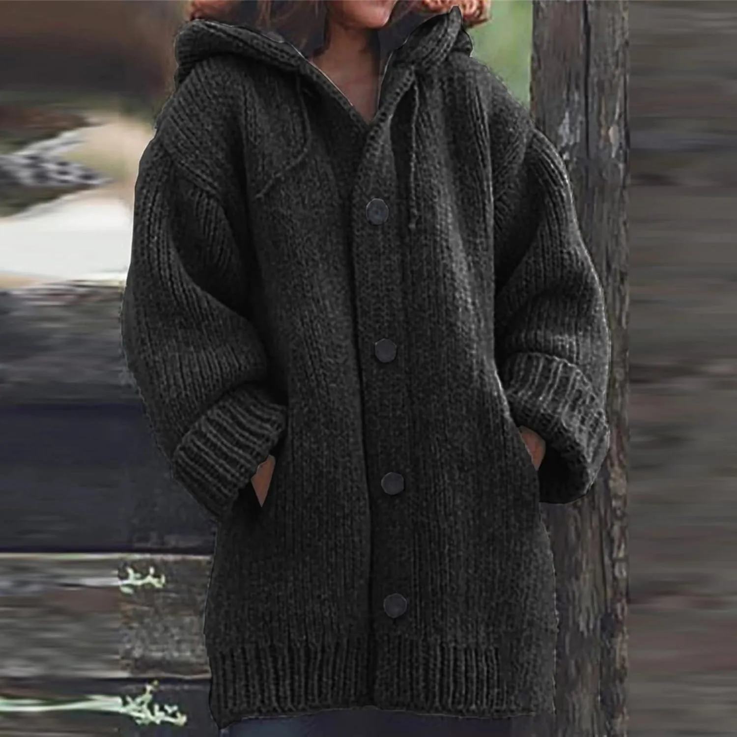 Thick Sweaters Cardigan for Women Plus Size Knitted Hooded Coat Long Sleeve Button Down Warm Jacket Hoodies with Pocket