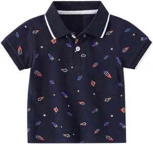 Toddler Short Sleeve Cotton Polo Shirt Cartoon Print Shirt for Baby Boys Loose Fit Collared Tops Summer Casual Clothes