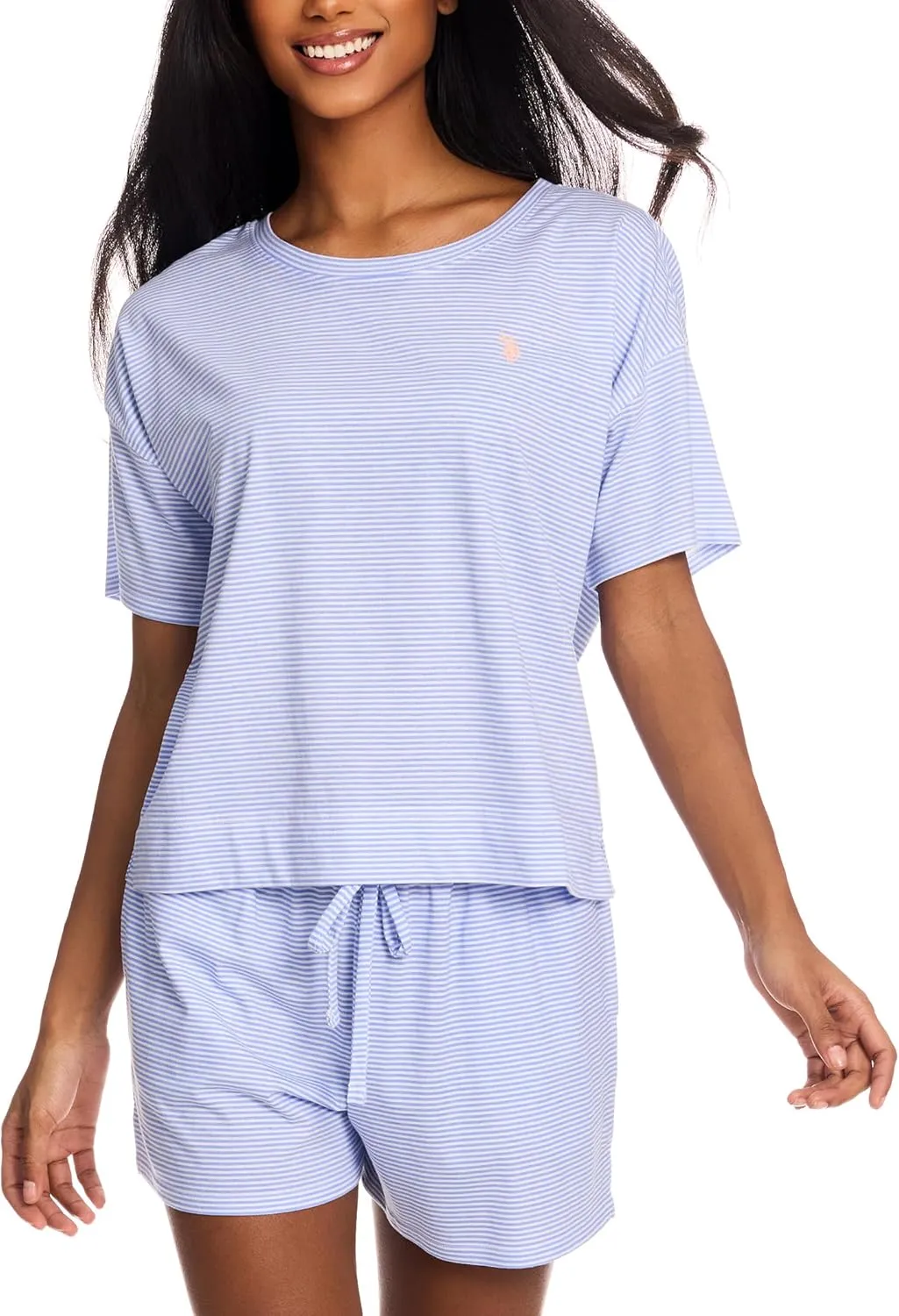 U.S. Polo Assn. Summer Pajamas for Women 2 Piece, Knit Short Sleeve Shirt and Pajama Shorts with Pockets, Womens Lounge Set