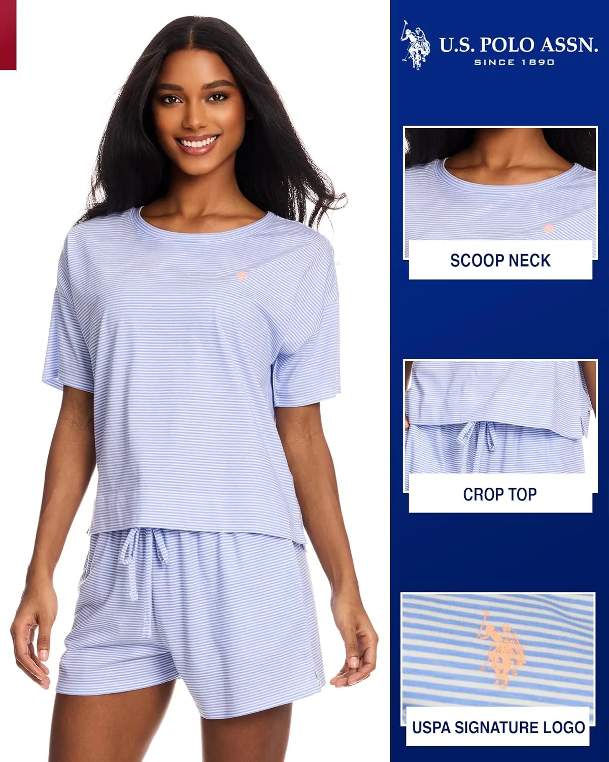 U.S. Polo Assn. Summer Pajamas for Women 2 Piece, Knit Short Sleeve Shirt and Pajama Shorts with Pockets, Womens Lounge Set