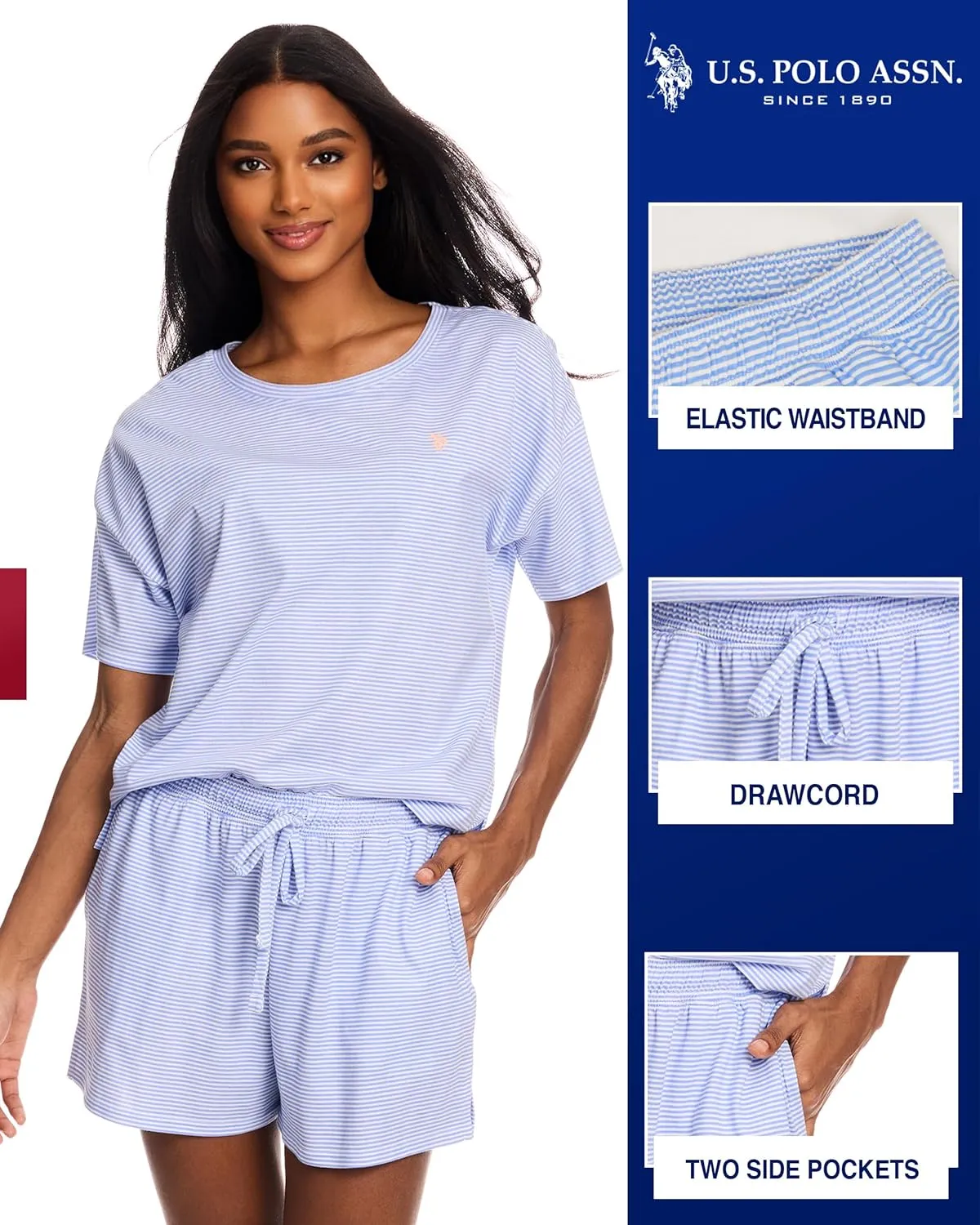 U.S. Polo Assn. Summer Pajamas for Women 2 Piece, Knit Short Sleeve Shirt and Pajama Shorts with Pockets, Womens Lounge Set