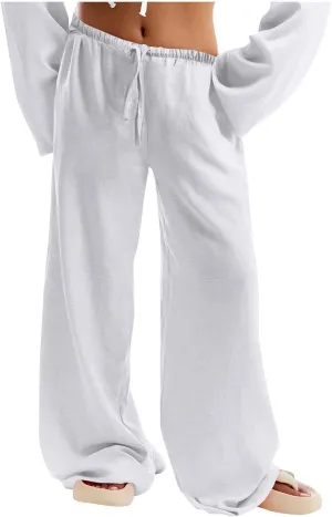White Pants Women Flowy High Waisted Pants Linen Wide Leg Pants Summer Palazzo Pants Elastic High Waisted Pants