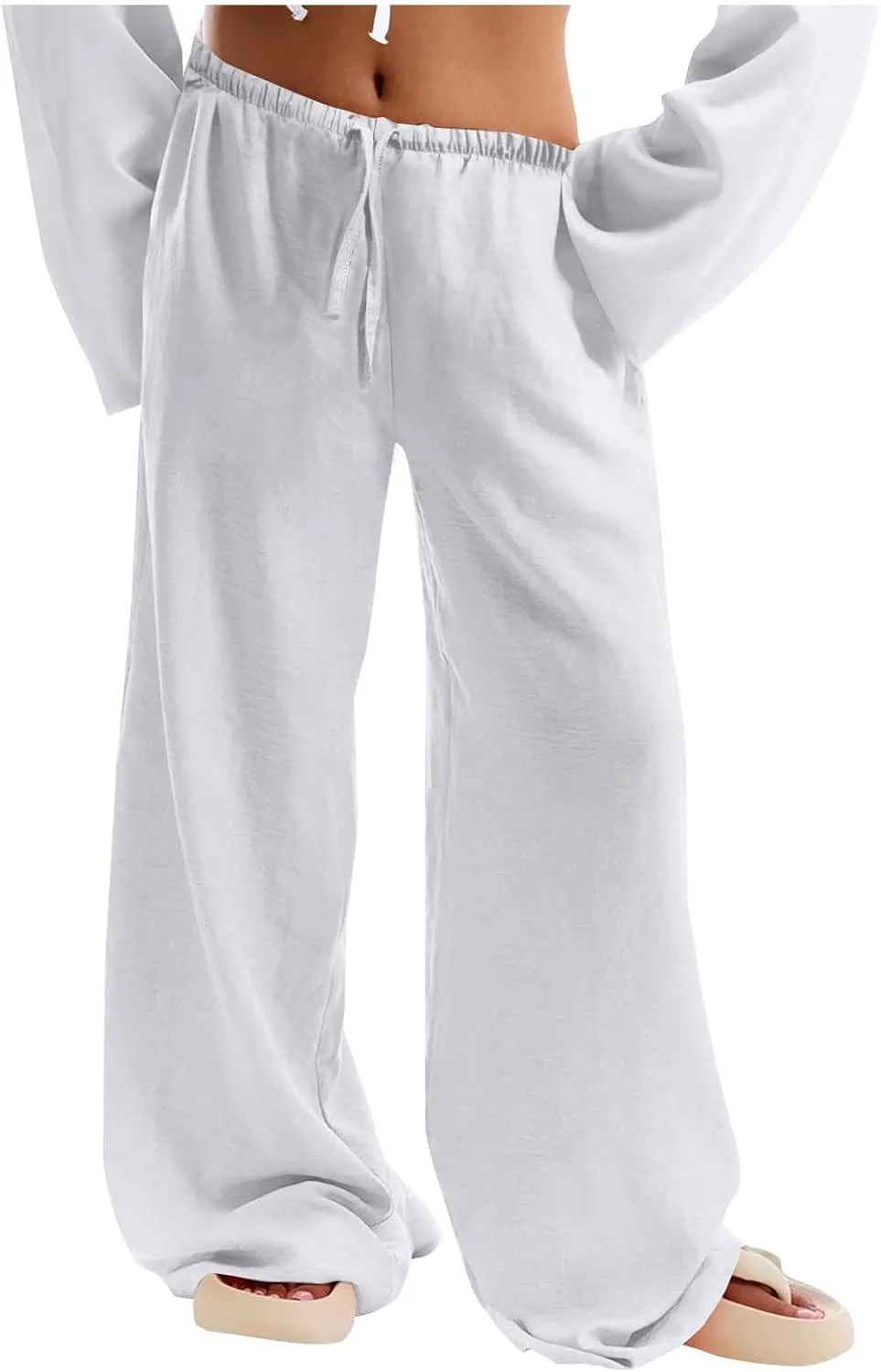 White Pants Women Flowy High Waisted Pants Linen Wide Leg Pants Summer Palazzo Pants Elastic High Waisted Pants