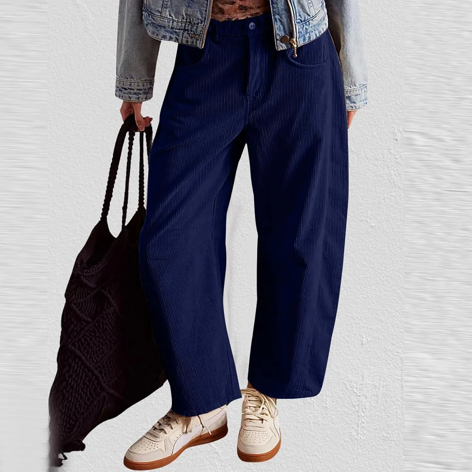 Wide Leg Corduroy Pants Women Baggy Cropped Low Rise Ankle Pants Casual Soft Button Fly Barrel Pants with Pockets