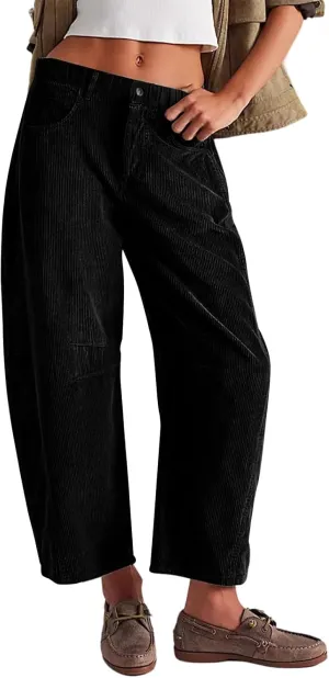 Wide Leg Corduroy Pants Women Baggy Cropped Low Rise Ankle Pants Casual Soft Button Fly Barrel Pants with Pockets