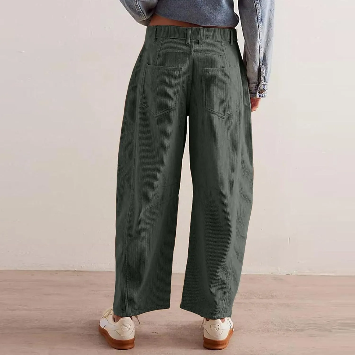 Wide Leg Corduroy Pants Women Baggy Cropped Low Rise Ankle Pants Casual Soft Button Fly Barrel Pants with Pockets