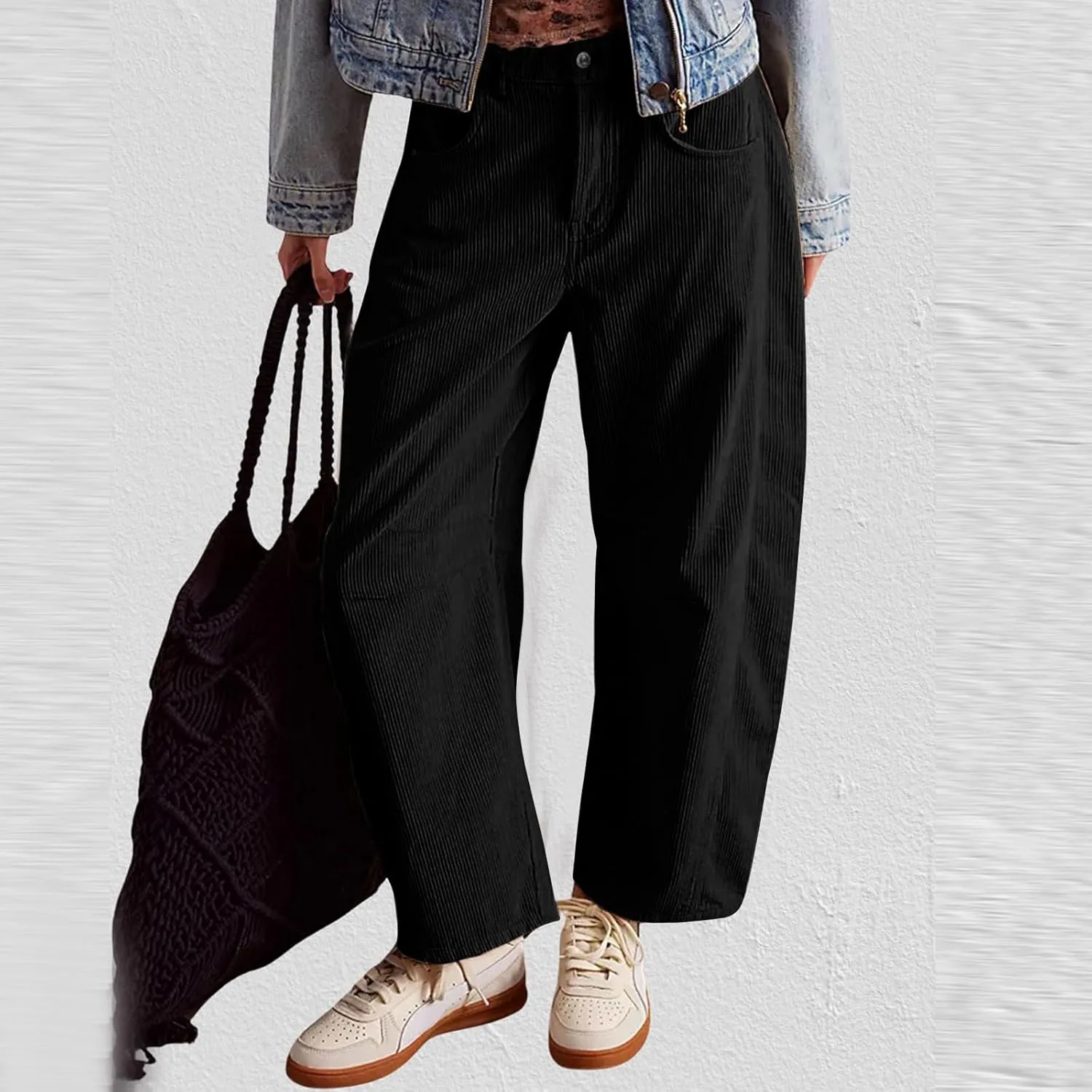 Wide Leg Corduroy Pants Women Baggy Cropped Low Rise Ankle Pants Casual Soft Button Fly Barrel Pants with Pockets