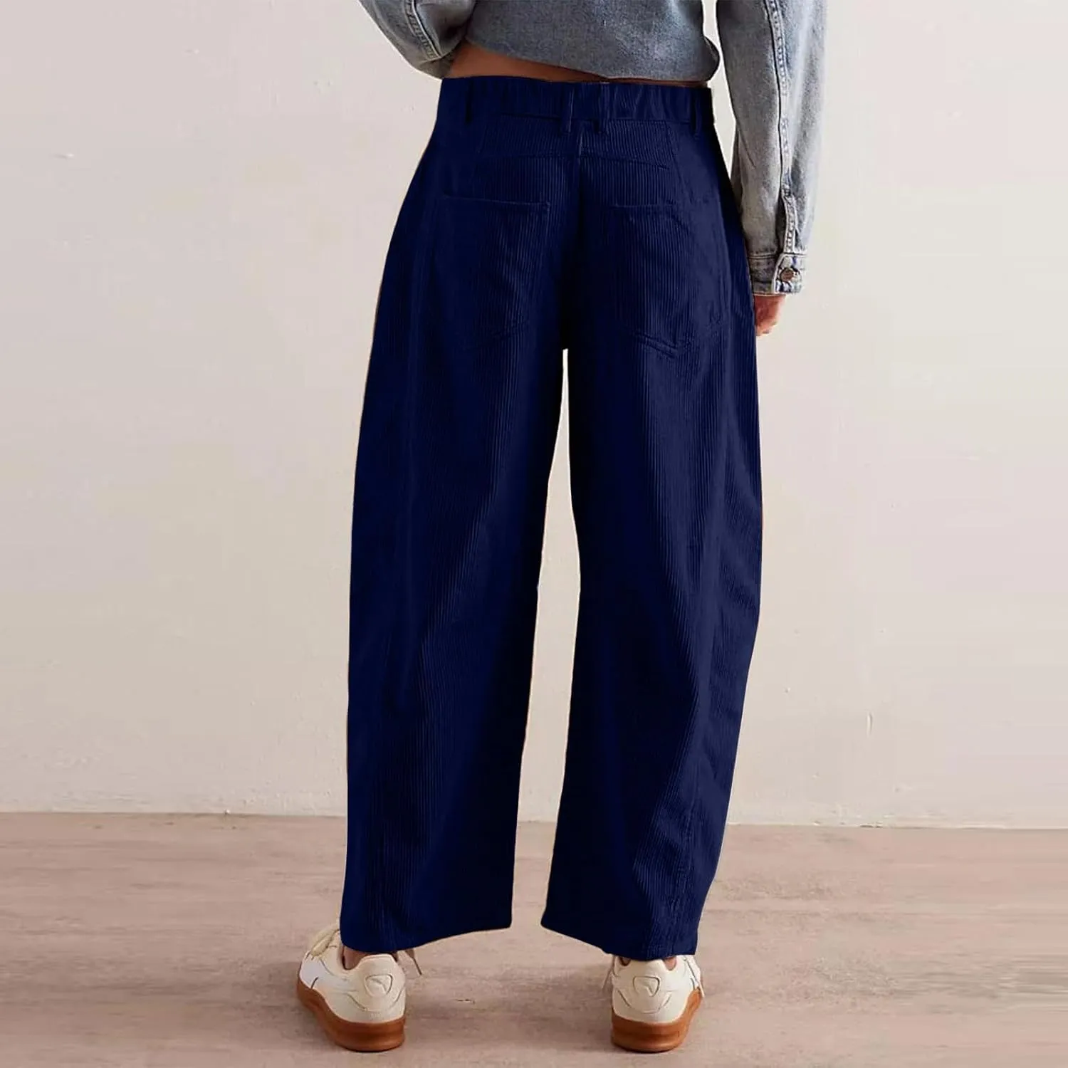 Wide Leg Corduroy Pants Women Baggy Cropped Low Rise Ankle Pants Casual Soft Button Fly Barrel Pants with Pockets