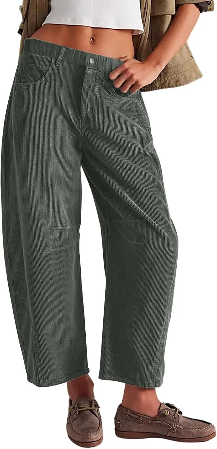 Wide Leg Corduroy Pants Women Baggy Cropped Low Rise Ankle Pants Casual Soft Button Fly Barrel Pants with Pockets