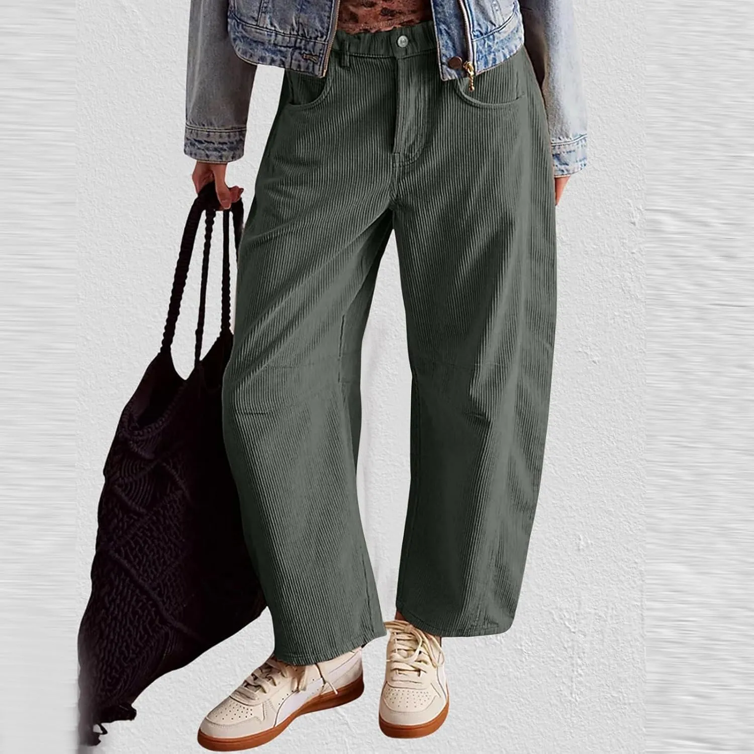Wide Leg Corduroy Pants Women Baggy Cropped Low Rise Ankle Pants Casual Soft Button Fly Barrel Pants with Pockets