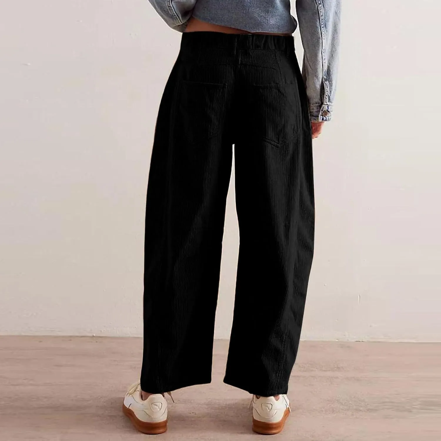 Wide Leg Corduroy Pants Women Baggy Cropped Low Rise Ankle Pants Casual Soft Button Fly Barrel Pants with Pockets