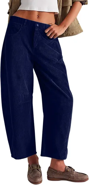 Wide Leg Corduroy Pants Women Baggy Cropped Low Rise Ankle Pants Casual Soft Button Fly Barrel Pants with Pockets