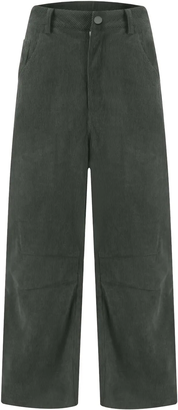 Wide Leg Corduroy Pants Women Baggy Cropped Low Rise Ankle Pants Casual Soft Button Fly Barrel Pants with Pockets