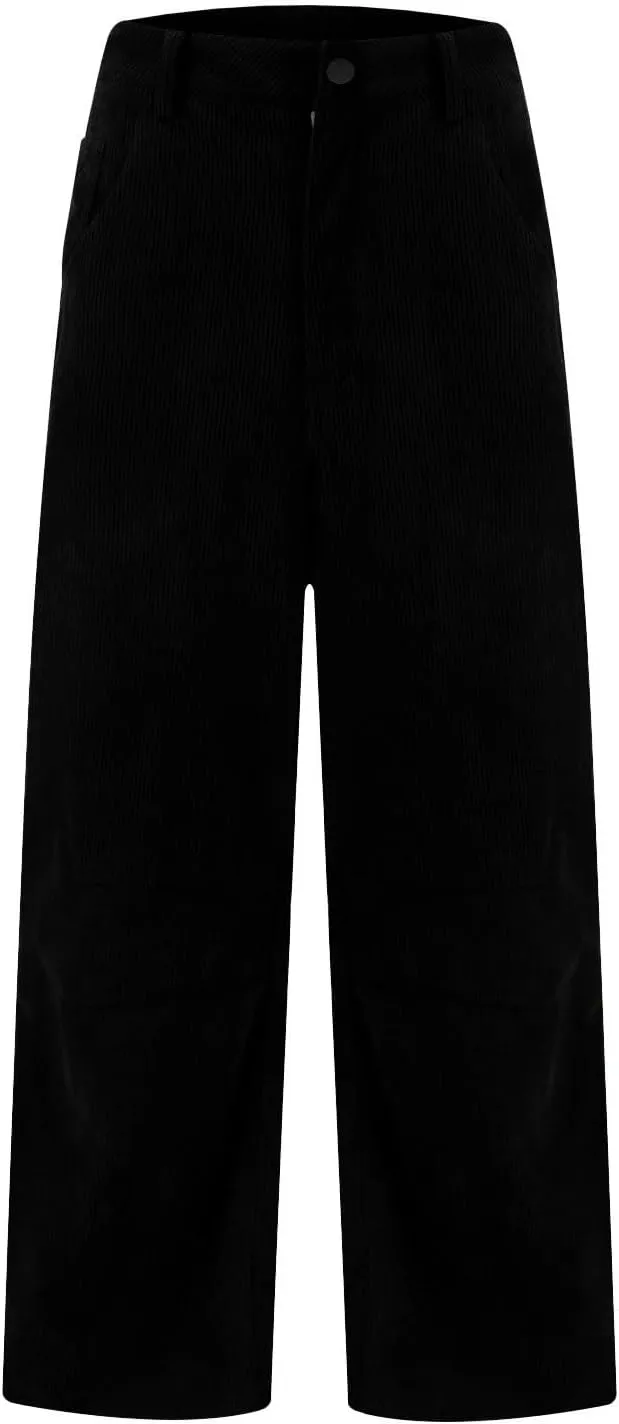Wide Leg Corduroy Pants Women Baggy Cropped Low Rise Ankle Pants Casual Soft Button Fly Barrel Pants with Pockets