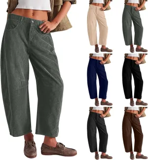 Wide Leg Corduroy Pants Women Baggy Cropped Low Rise Ankle Pants Casual Soft Button Fly Barrel Pants with Pockets