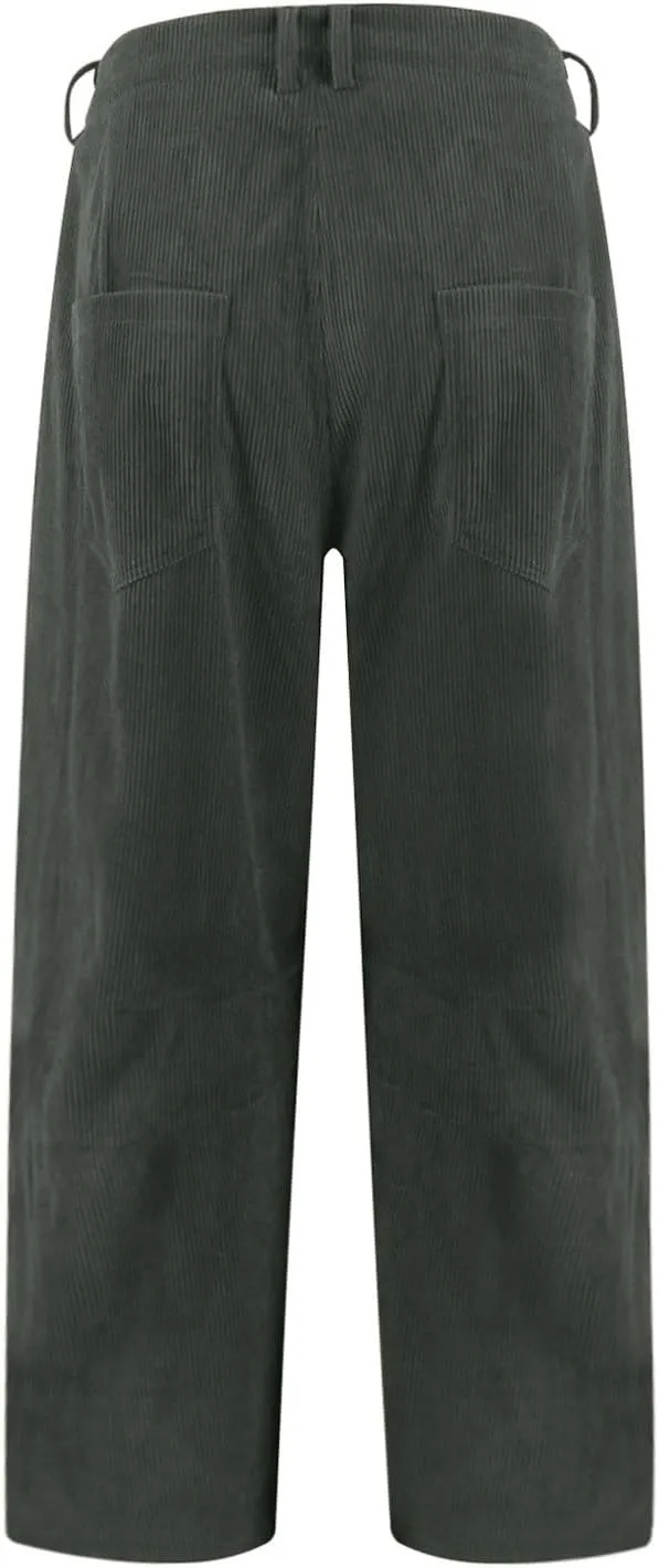 Wide Leg Corduroy Pants Women Baggy Cropped Low Rise Ankle Pants Casual Soft Button Fly Barrel Pants with Pockets