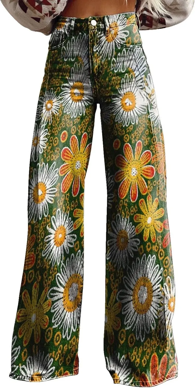 Wide Leg Flare Jeans for Women with Pockets High Waisted Baggy Pants Vintage Floral Print High Waisted Loose Pant