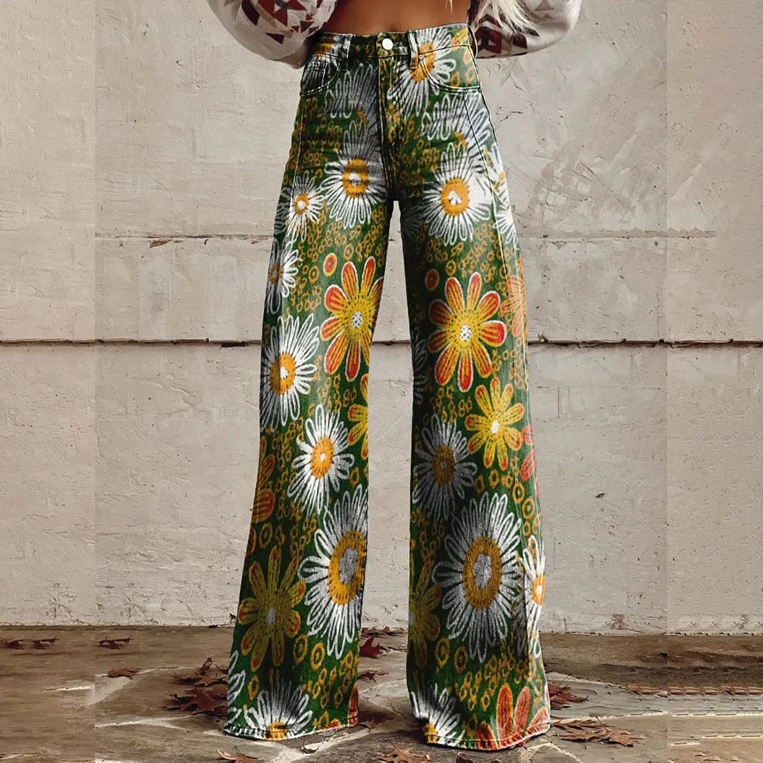 Wide Leg Flare Jeans for Women with Pockets High Waisted Baggy Pants Vintage Floral Print High Waisted Loose Pant