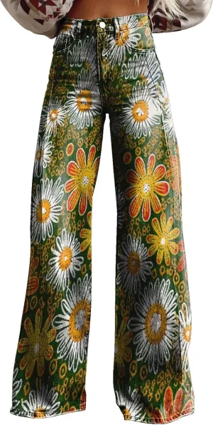 Wide Leg Flare Jeans for Women with Pockets High Waisted Baggy Pants Vintage Floral Print High Waisted Loose Pant