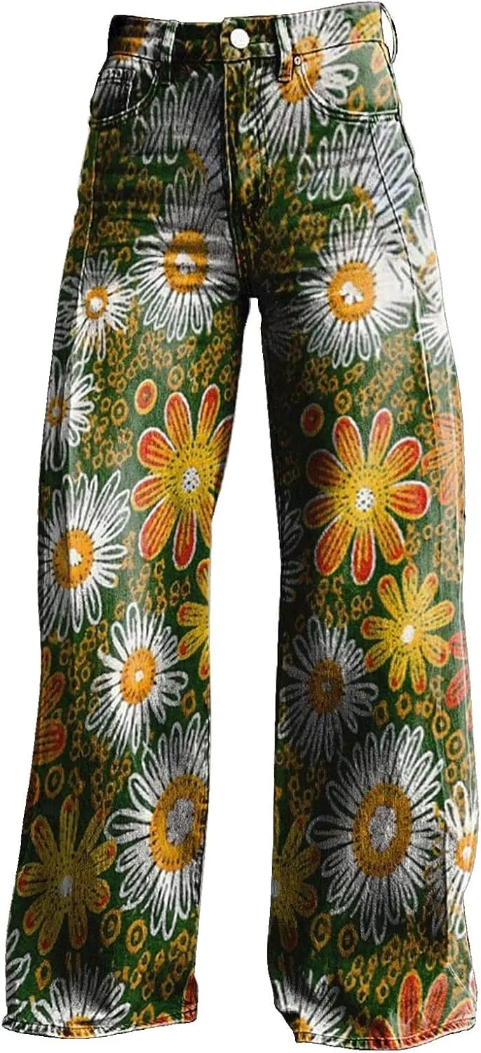 Wide Leg Flare Jeans for Women with Pockets High Waisted Baggy Pants Vintage Floral Print High Waisted Loose Pant