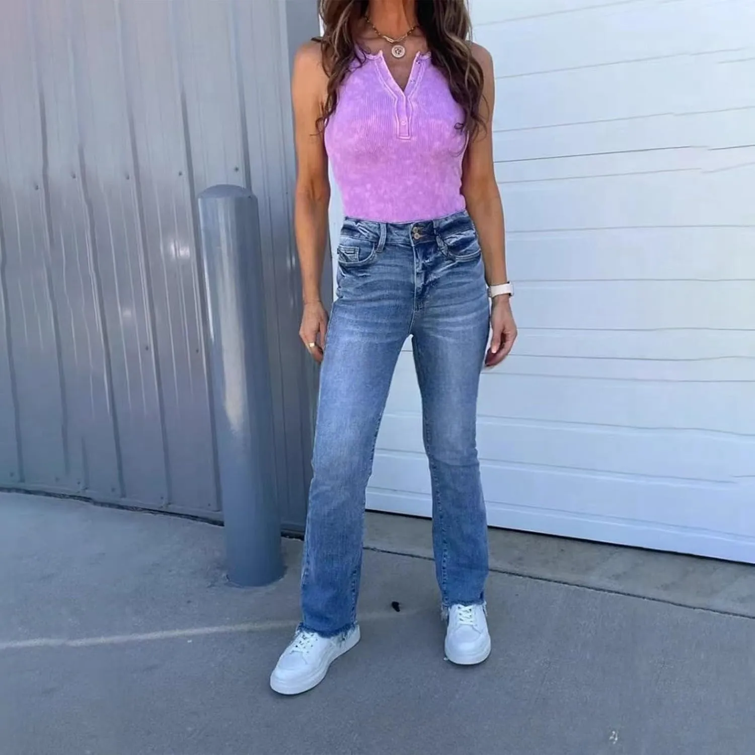 Wide Leg Jeans Woman High Waisted Trendy Stretchy Denim Slim Fit Button Up Trousers Retro Workout Pants with Pockets