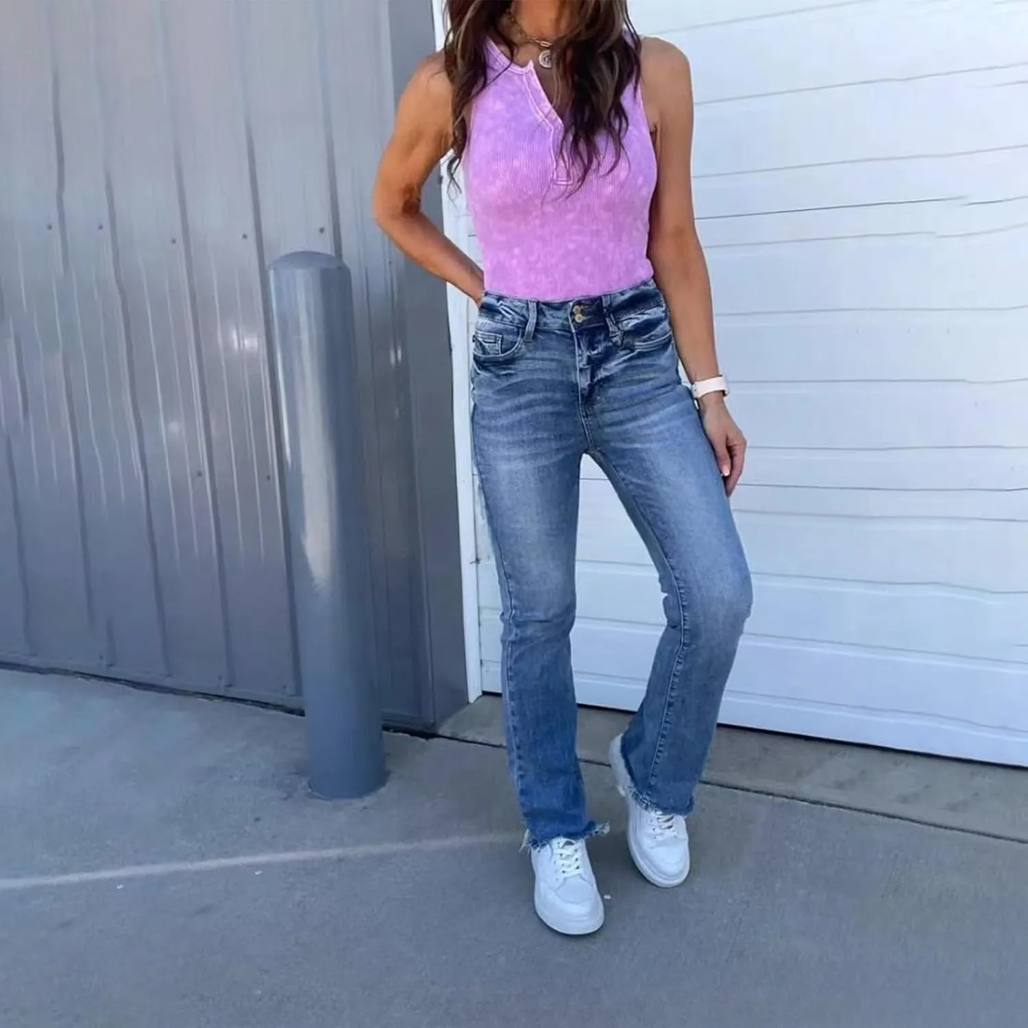 Wide Leg Jeans Woman High Waisted Trendy Stretchy Denim Slim Fit Button Up Trousers Retro Workout Pants with Pockets