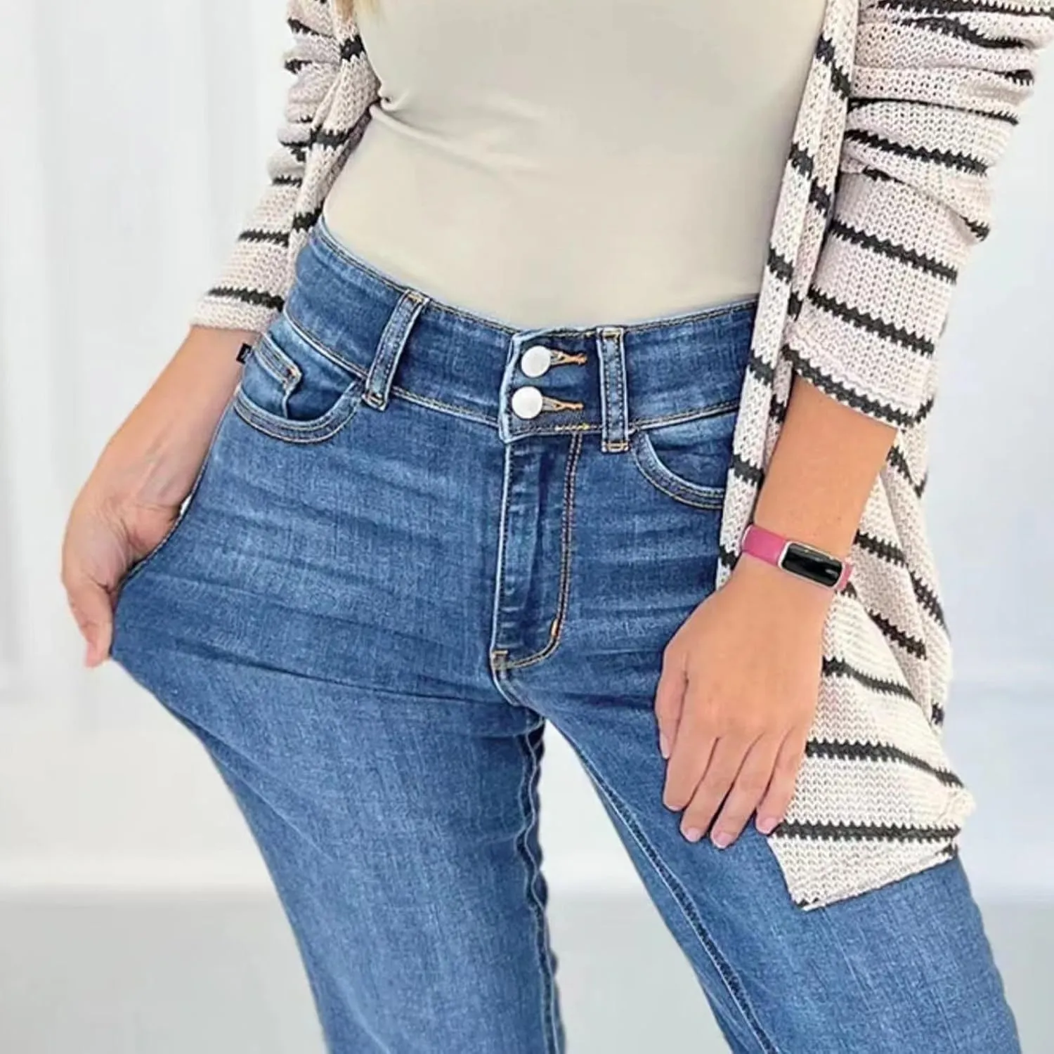 Wide Leg Jeans Woman High Waisted Trendy Stretchy Denim Slim Fit Button Up Trousers Retro Workout Pants with Pockets